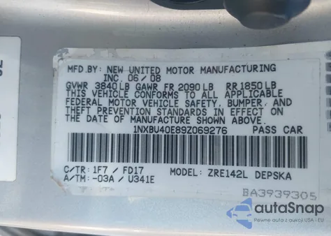 2009 Toyota Corolla S из США, поврежденный, VIN 1NXBU40E89Z069276